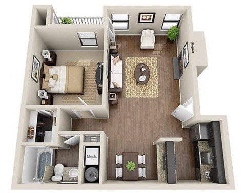 Floor plan for 1 bed, 1 bath, 800 sqft